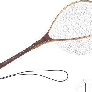 Riverruns Fly Fishing Net Landing Net Wooden Net Soft Rubber Mesh Trout Net Freshwater Saltwater Fishing Net with Safety Cord Net Gifts for Father Men